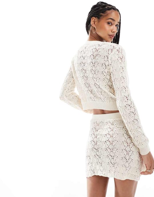 Miss Selfridge stickad virkade kofta set i krämfärgad - Image 2