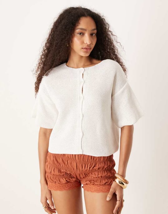 ASOS DESIGN stickad kortärmad cardigan i vit - Image 1