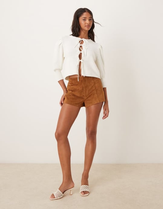 ASOS DESIGN puffärm knyt-fram cardigan i krämfärg - Image 4