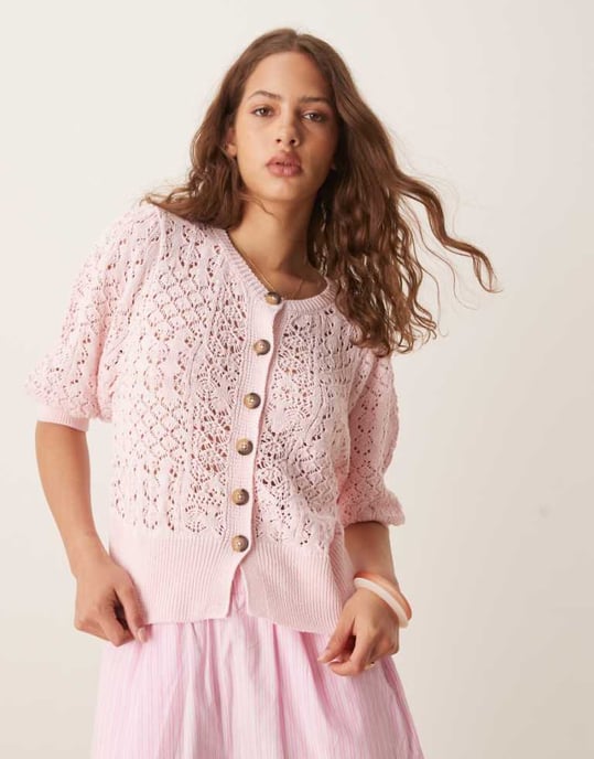 ASOS DESIGN puffärm cardigan i punktstickning i rosa - Image 1