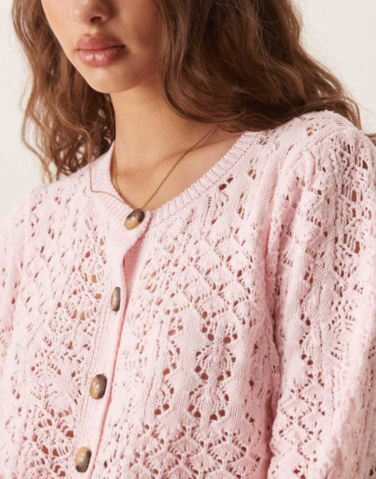 ASOS DESIGN puffärm cardigan i punktstickning i rosa - Image 2