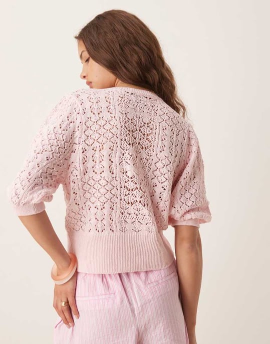 ASOS DESIGN puffärm cardigan i punktstickning i rosa - Image 4