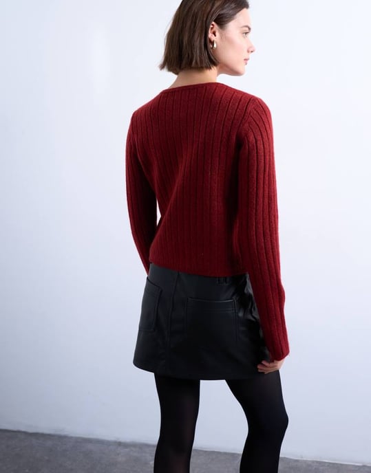 Topshop stickad ribbad knapprad crew cardigan i röd - Image 3