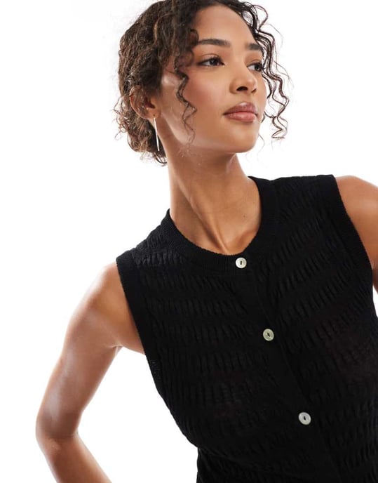 ASOS DESIGN stickad smockad knapplåst tanktop i svart - Image 1