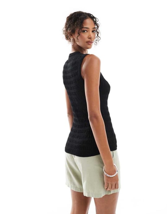 ASOS DESIGN stickad smockad knapplåst tanktop i svart - Image 3