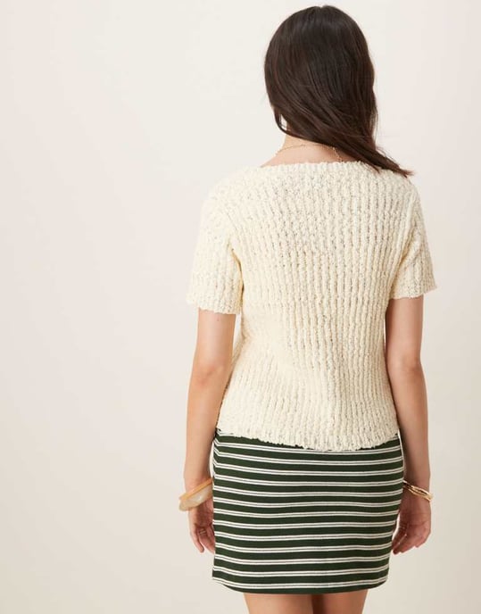 ASOS DESIGN stickad kofta med rundad hals och knappar i strukturstickad garn i krämfärg - Image 3