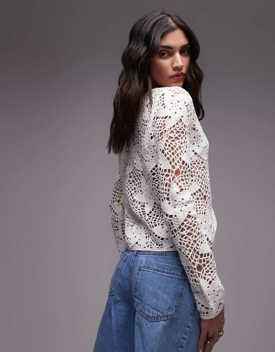Topshop virkade blommor knyttröja i elfenben - Image 2