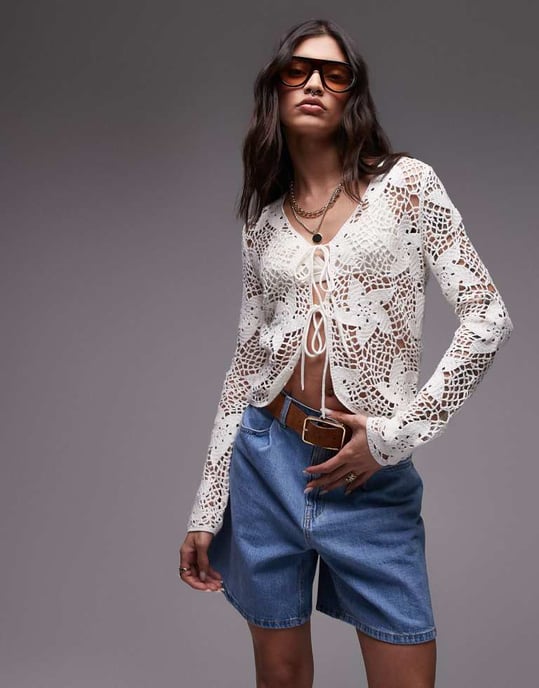 Topshop virkade blommor knyttröja i elfenben - Image 3