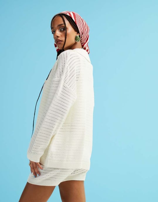 ASOS DESIGN stickad krage kofta i stickad uppsättning i krämfärg - Image 4