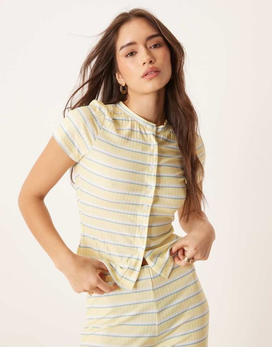 ASOS DESIGN randig koord kortärmad cardigan i gul rand - Image 1