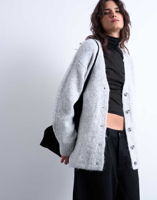 Topshop stickad lång cardigan i grått - Image 3