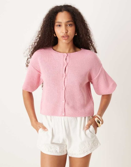 ASOS DESIGN stickad kortärmad cardigan i rosa - Image 1