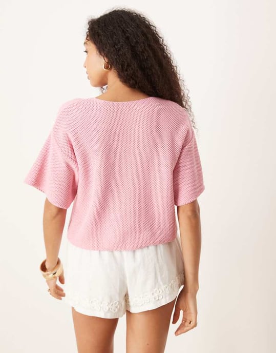 ASOS DESIGN stickad kortärmad cardigan i rosa - Image 4