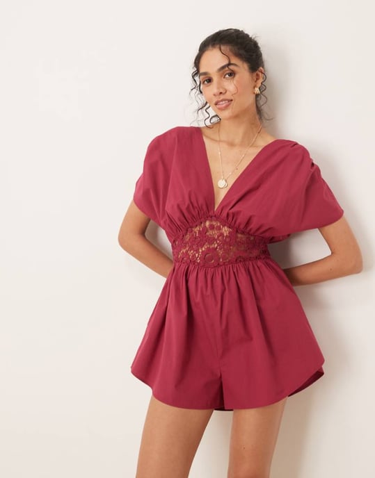 ASOS DESIGN V-ringad spetstopp med midja i vinröd - Image 1