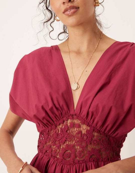 ASOS DESIGN V-ringad spetstopp med midja i vinröd - Image 3