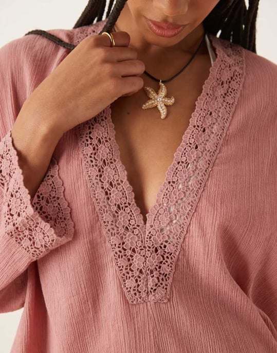 ASOS DESIGN crinklad djup urringning broderad strandklänning i dammig rosa - Image 3