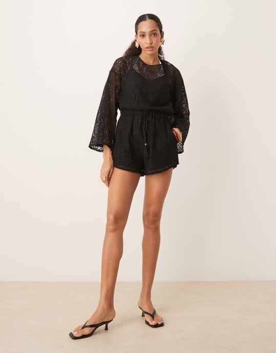 ASOS DESIGN virkad långärmad miniklänning med dragsko i svart - Image 2