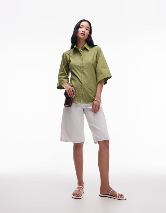 Topshop poplin skjorta med vändkrage i grönt - Image 2
