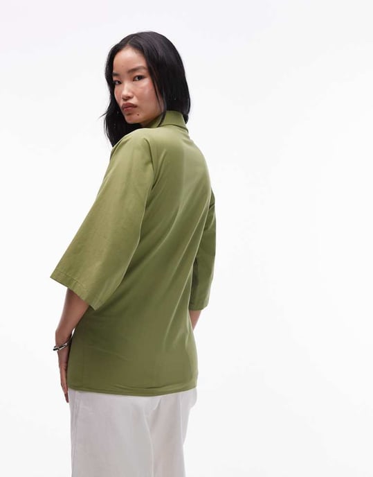 Topshop poplin skjorta med vändkrage i grönt - Image 3