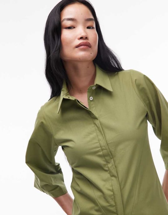Topshop poplin skjorta med vändkrage i grönt - Image 4