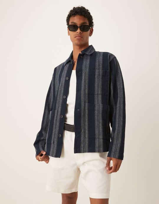 Vald 100% bomull våffel overshirt i marinrandig - Image 1