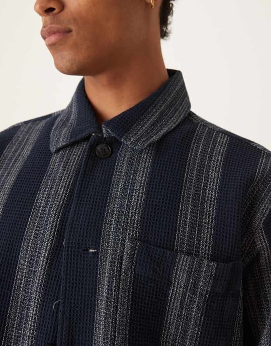Vald 100% bomull våffel overshirt i marinrandig - Image 2