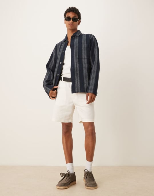 Vald 100% bomull våffel overshirt i marinrandig - Image 4