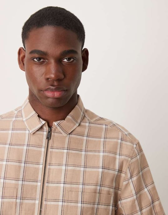 ASOS DESIGN boxy overshirt med dragkedja i brun rutigt mönster - Image 4