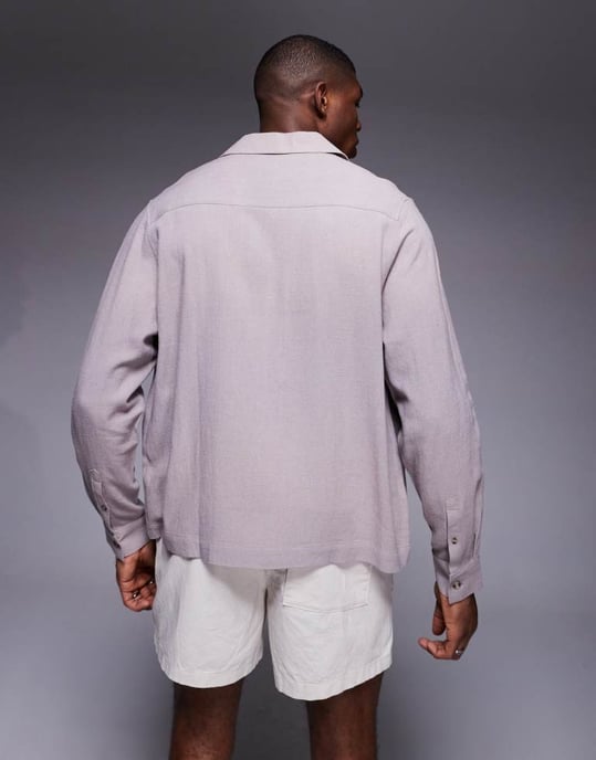ASOS DESIGN boxy reverskrage linneblandning skjorta i grått - Image 3