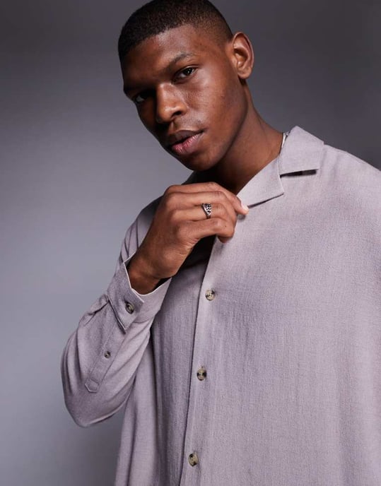 ASOS DESIGN boxy reverskrage linneblandning skjorta i grått - Image 4