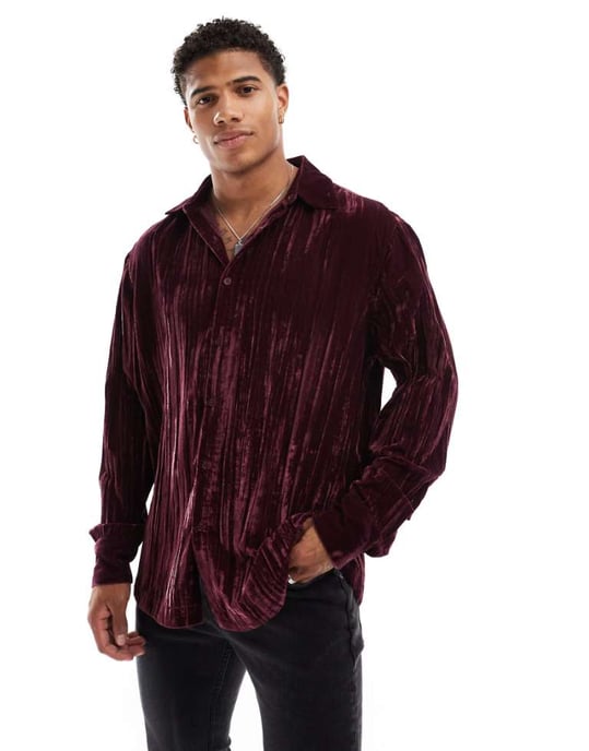 ASOS DESIGN vanlig skjorta i krinklad sammetsmaterial i vinröd - Image 1
