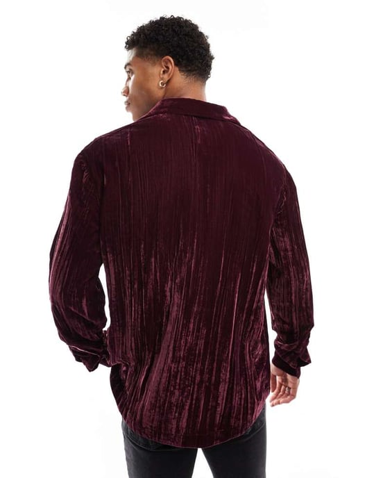 ASOS DESIGN vanlig skjorta i krinklad sammetsmaterial i vinröd - Image 3