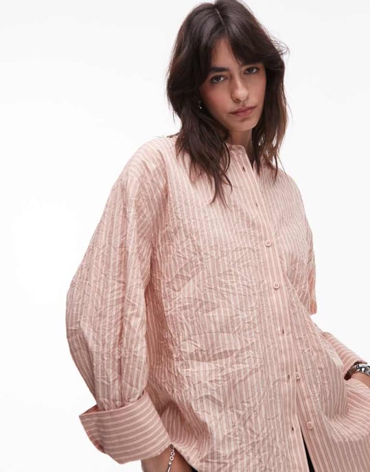 Topshop skjorta med krinklad struktur i persika- och bruna ränder - Image 2