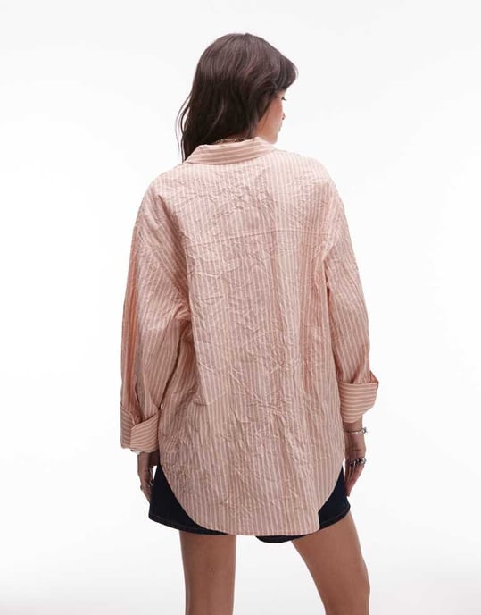 Topshop skjorta med krinklad struktur i persika- och bruna ränder - Image 4