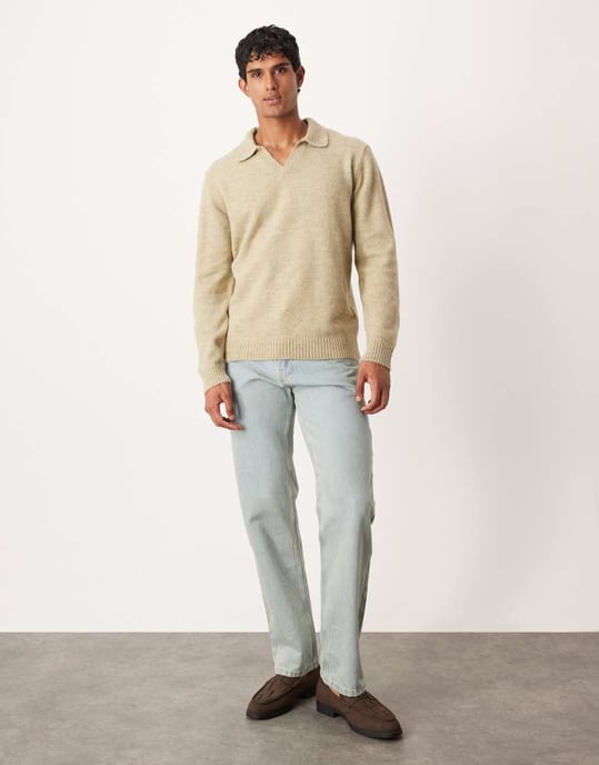 ASOS DESIGN stickad långärmad polo med snedskuren hals i salviagrön - Image 2