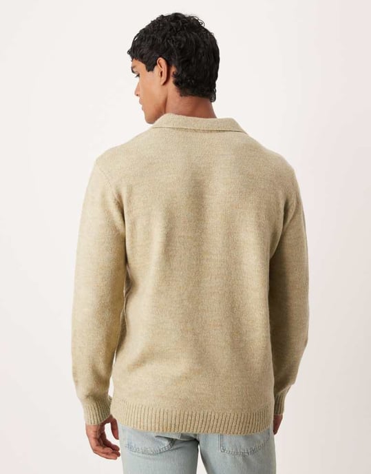 ASOS DESIGN stickad långärmad polo med snedskuren hals i salviagrön - Image 3