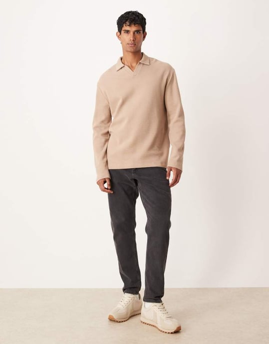 ASOS DESIGN avslappnad långärmad polo i beige våfflad текстur - Image 2