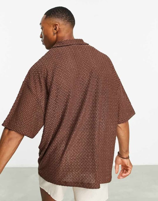 ASOS DESIGN oversized revere polo shirt in brown texture - Image 2