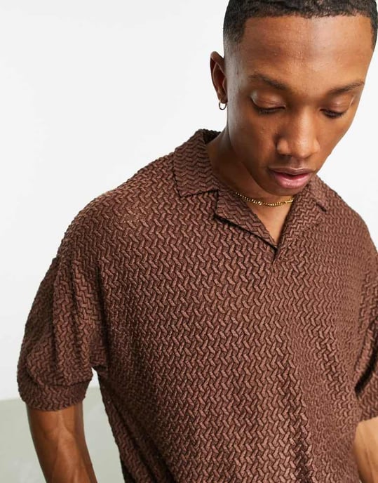 ASOS DESIGN oversized revere polo shirt in brown texture - Image 3