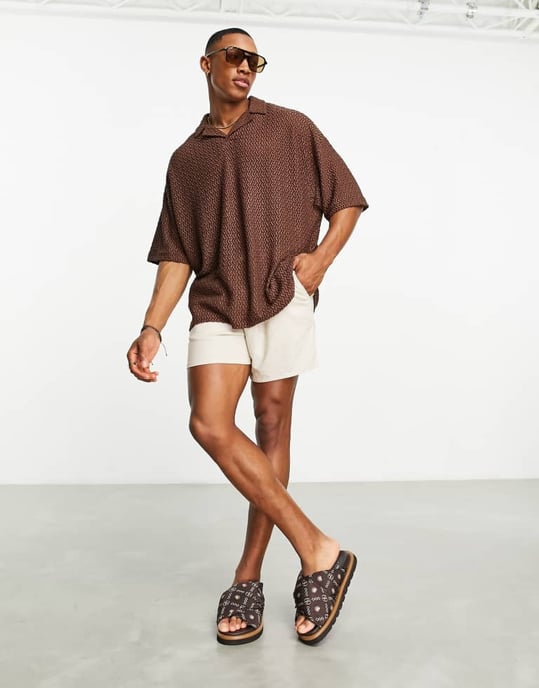 ASOS DESIGN oversized revere polo shirt in brown texture - Image 4