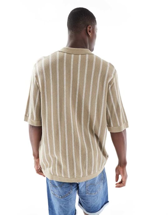 Jack & Jones knappgenomgående stickad polo i beige rand - Image 2