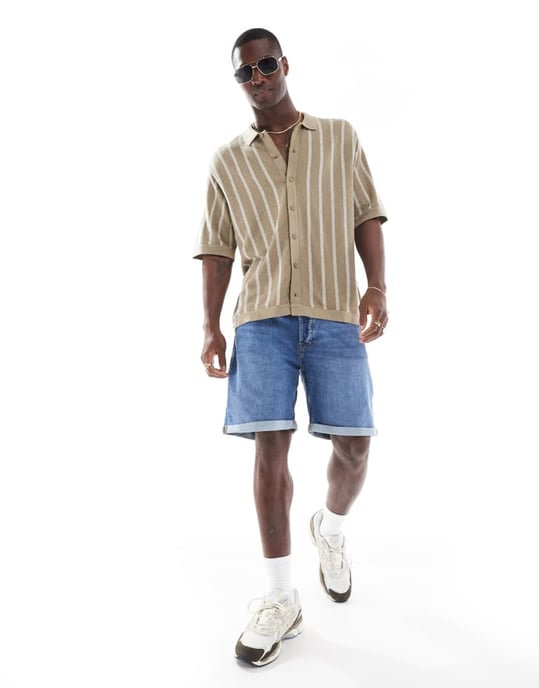 Jack & Jones knappgenomgående stickad polo i beige rand - Image 3