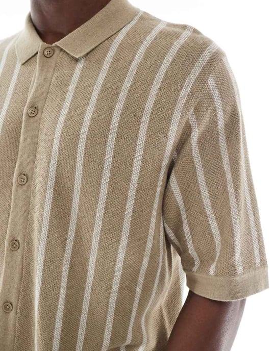 Jack & Jones knappgenomgående stickad polo i beige rand - Image 4