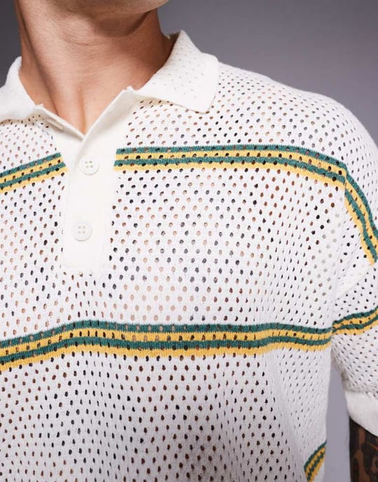 ASOS DESIGN avslappnad airtex randig stickad polo i krämfärg - Image 2
