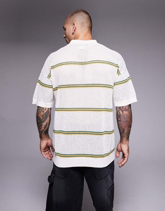 ASOS DESIGN avslappnad airtex randig stickad polo i krämfärg - Image 3