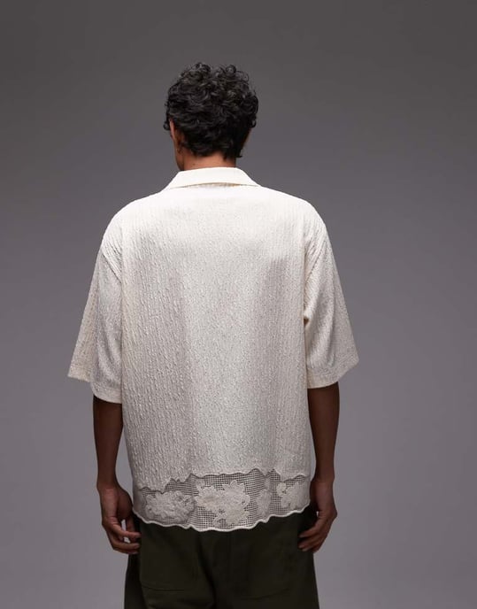Topman avslappnad passform knappad jersey-skjorta med spetsdetaljer i ljus sten - Image 2
