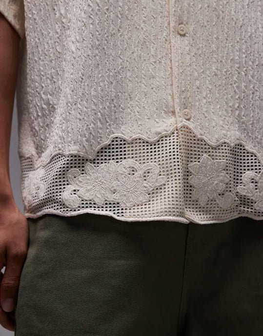 Topman avslappnad passform knappad jersey-skjorta med spetsdetaljer i ljus sten - Image 3