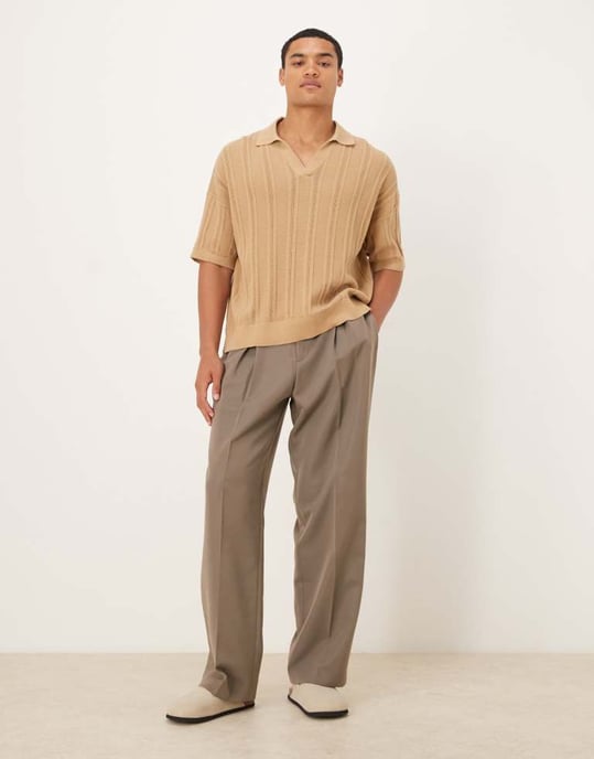 ASOS DESIGN överdimensionerad stickad ribbad pikétröja med sprund i beige - Image 3