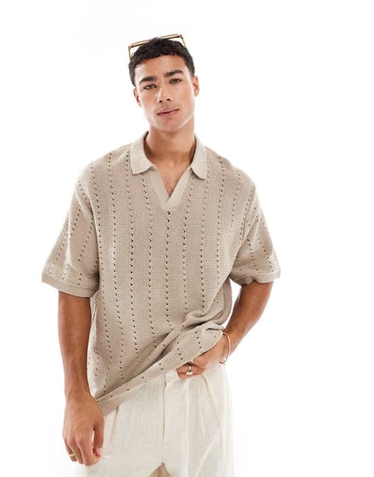 Jack & Jones split hals polo i virkade i beige - Image 1