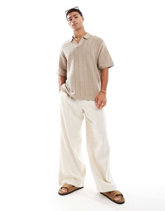 Jack & Jones split hals polo i virkade i beige - Image 2